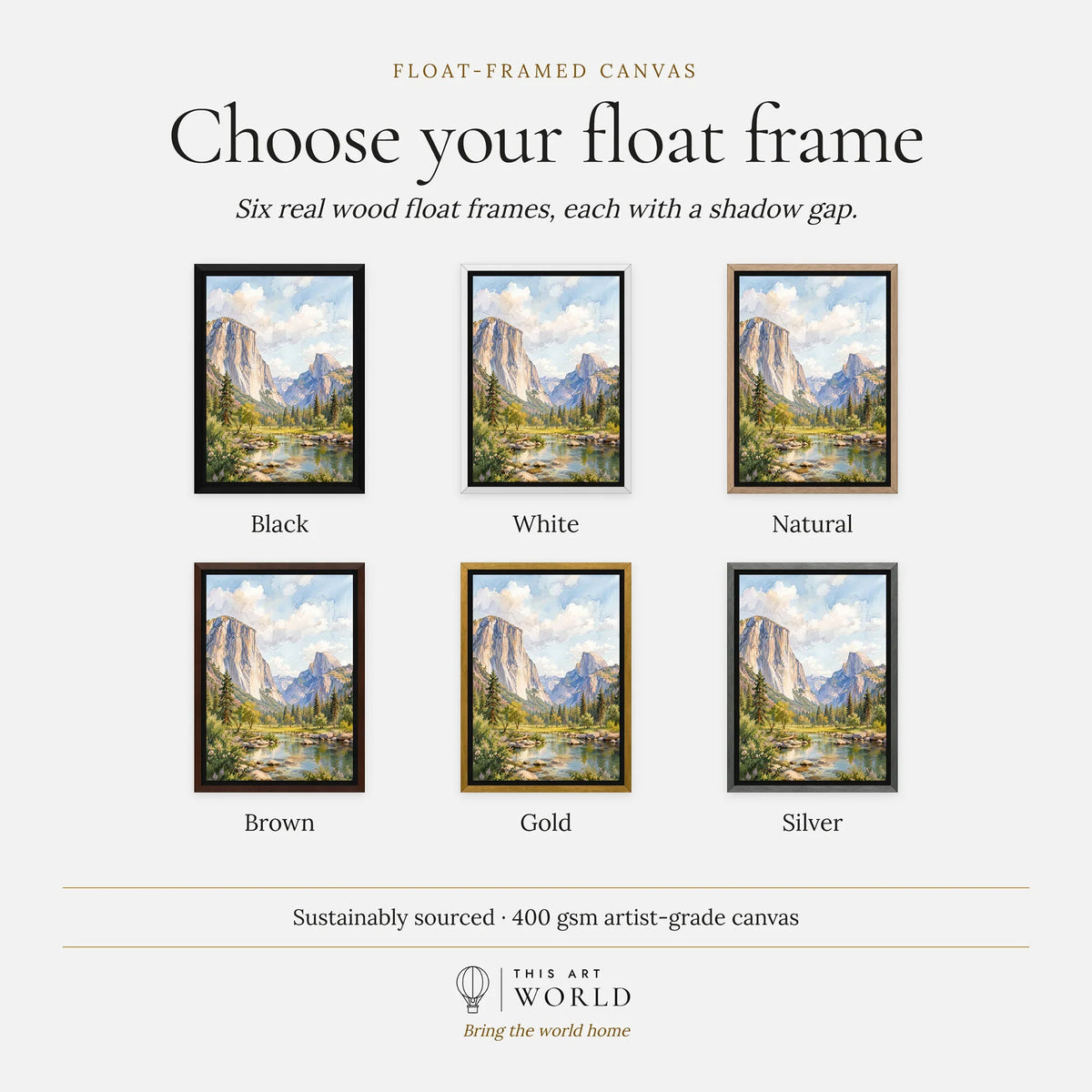 Yosemite National Park El Capitan and Half Dome watercolour art print, float frame colour options for the framed canvas