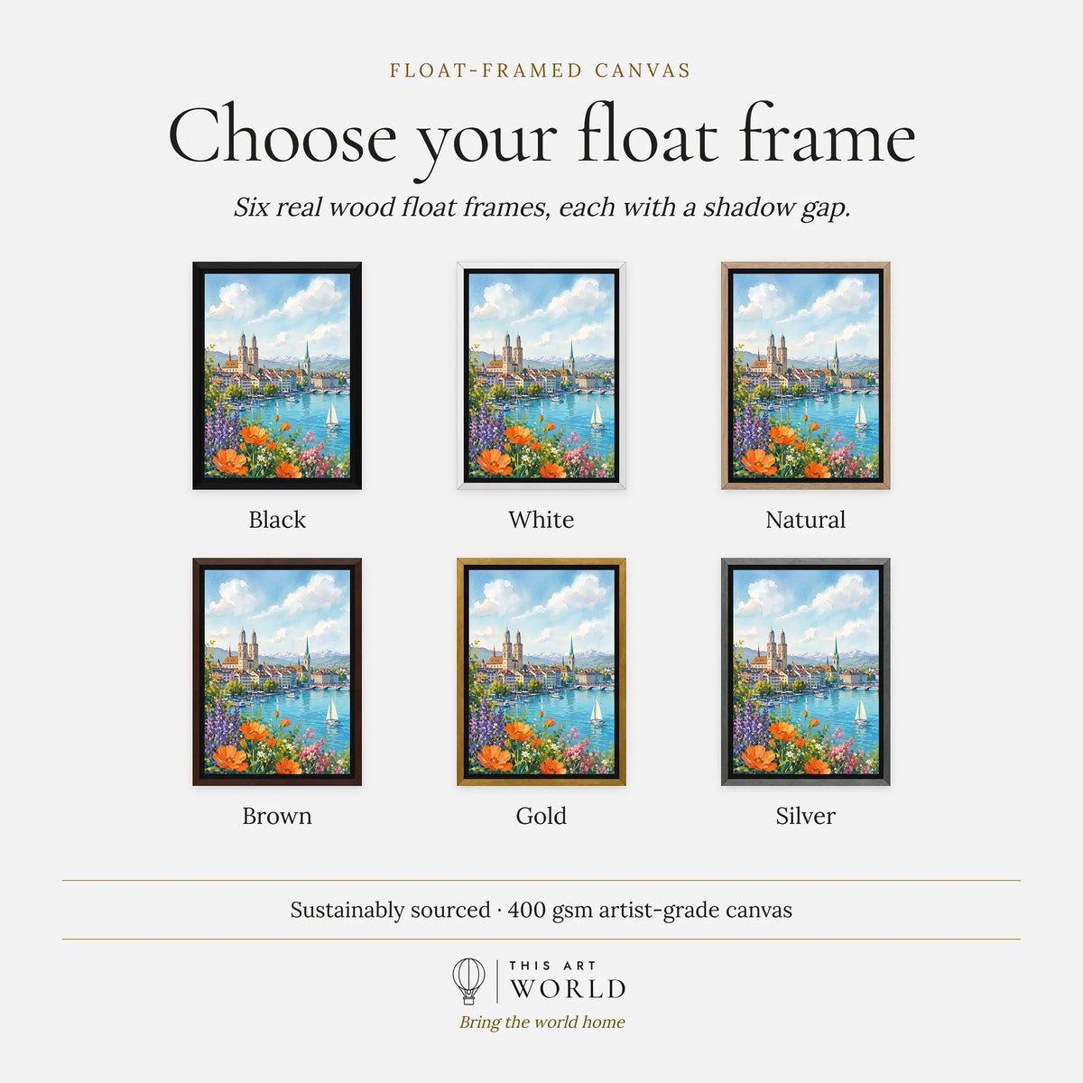 Zurich Grossmünster and the Limmat watercolour art print, float frame colour options for the framed canvas