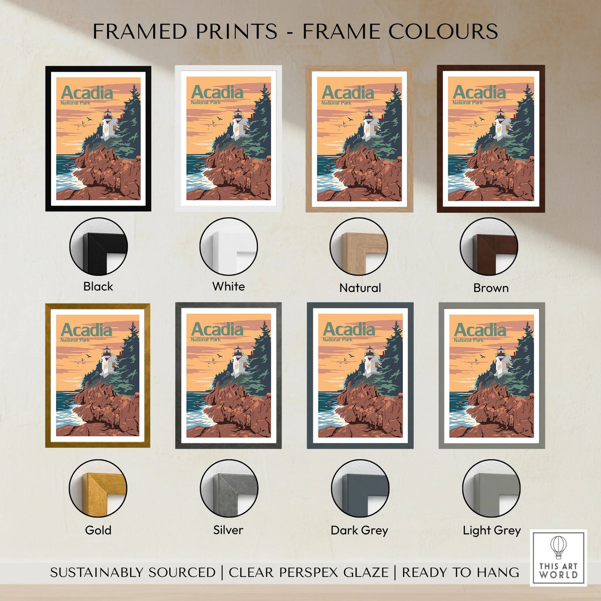 Acadia National Park framed travel poster print in eight frame color options, lighthouse coast art.
