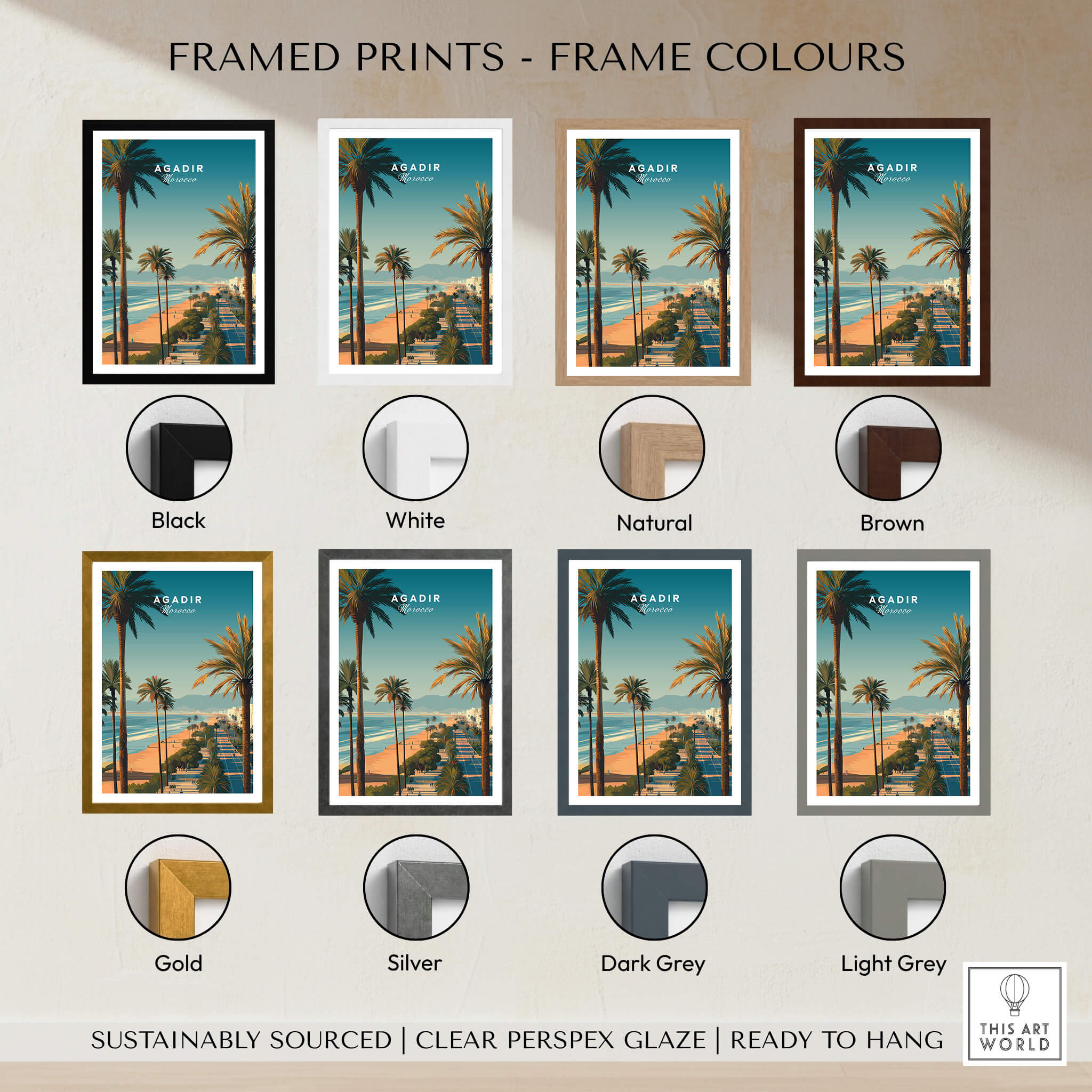 Agadir Travel Poster Print Morocco - Palm Trees framed prints in various colors including black, white, natural, and brown.