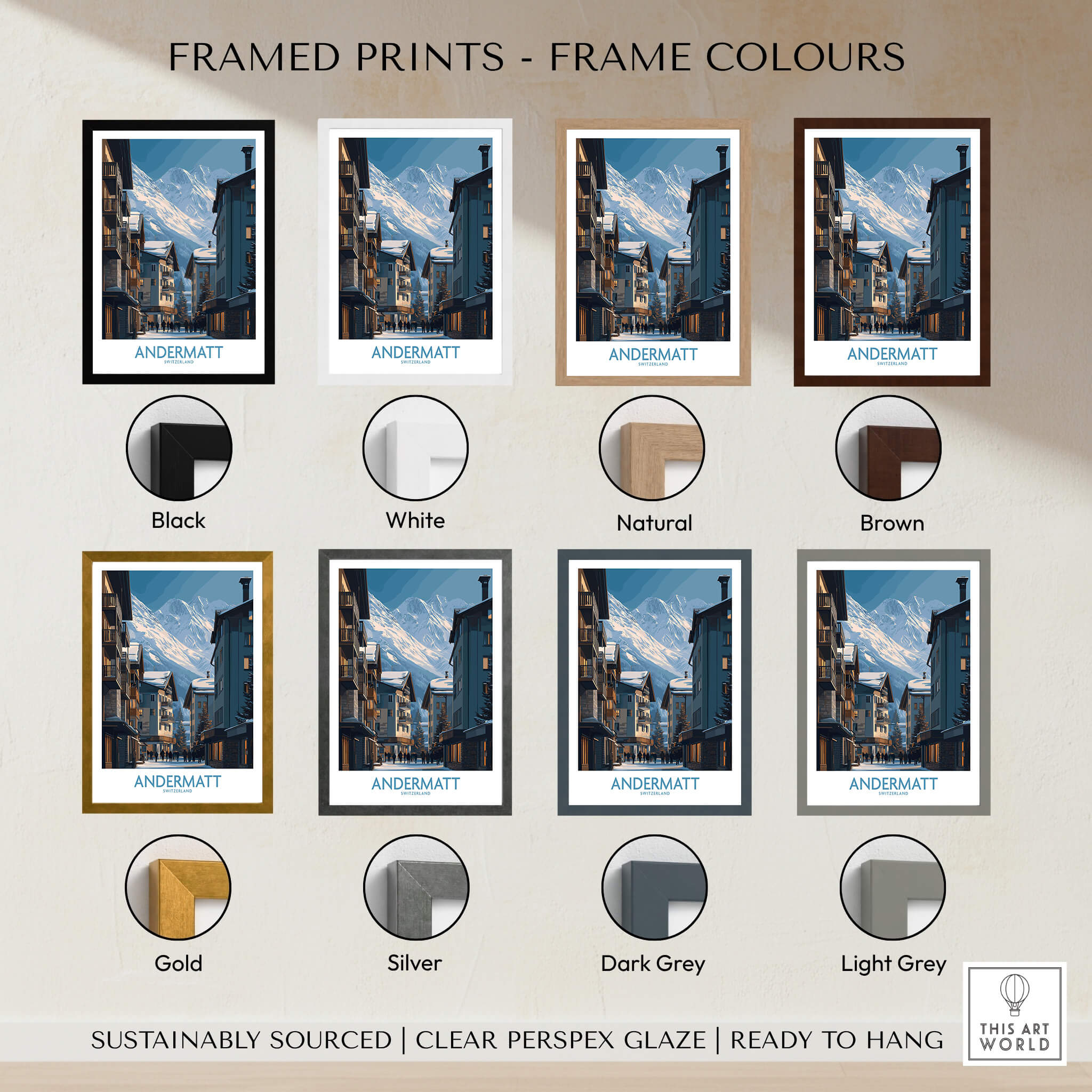 Various framed Andermatt Switzerland Wall Art Prints showcasing frame colors including black, white, natural, and brown.