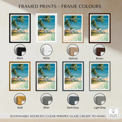 Anna Maria Island travel poster wall art in eight frame color options including black, white, natural, brown, gold, silver, dark grey, and light grey.