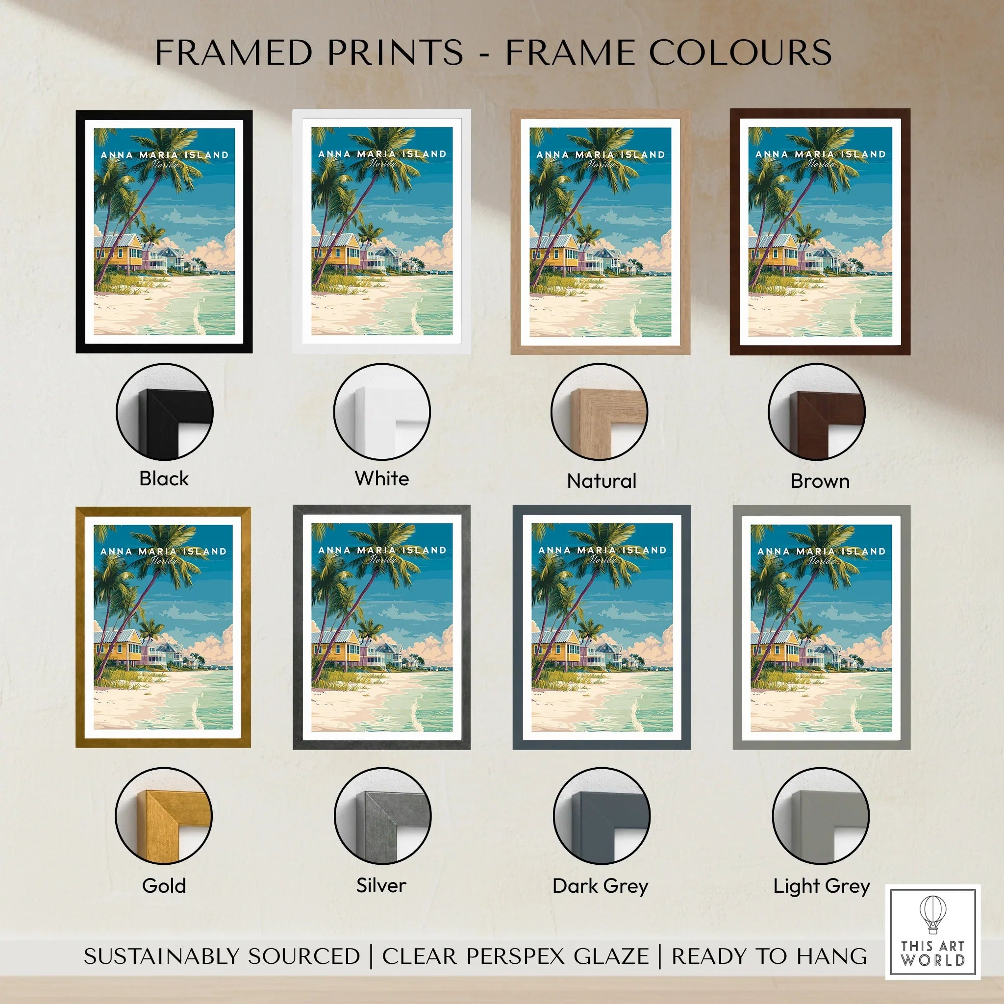 Anna Maria Island travel poster wall art in eight frame color options including black, white, natural, brown, gold, silver, dark grey, and light grey.
