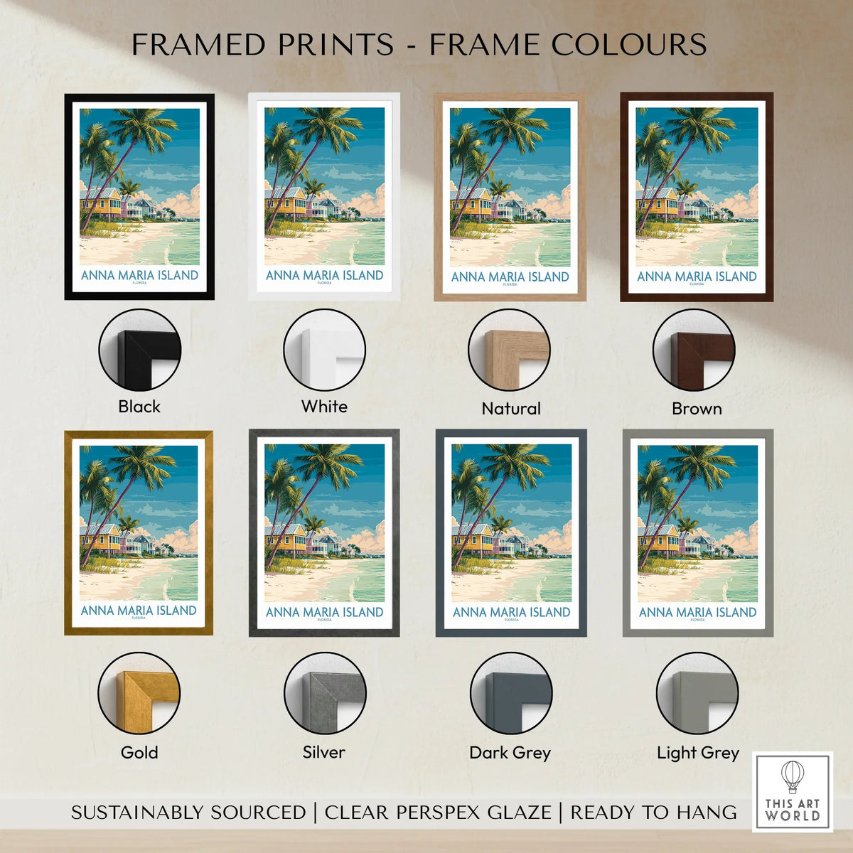Anna Maria Island beach art print with eight frame color options including black, white, natural, brown, gold, silver, dark grey, and light grey.