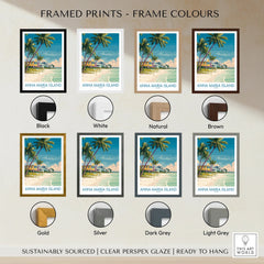 Anna Maria Island beach art print with eight frame color options including black, white, natural, brown, gold, silver, dark grey, and light grey.
