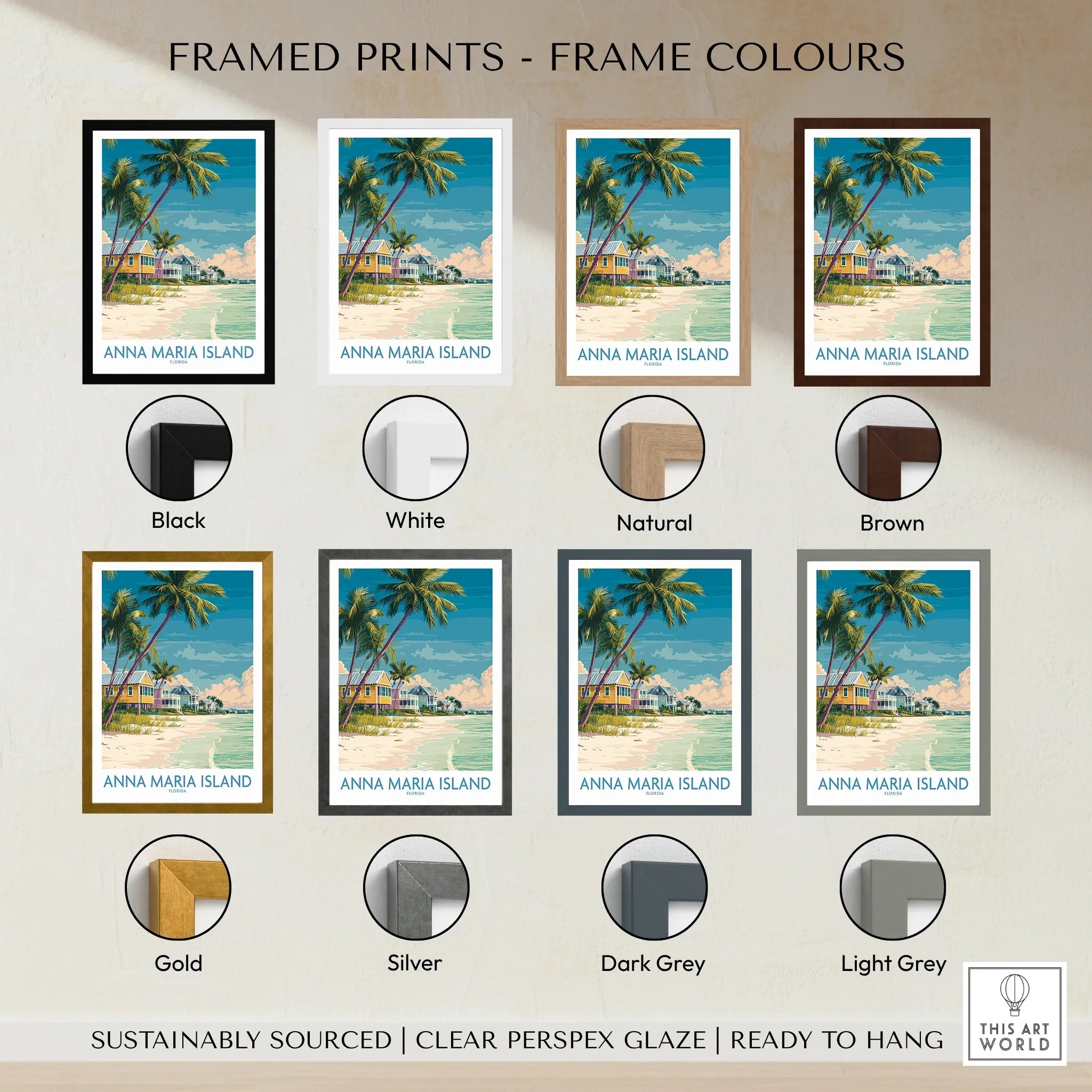 Anna Maria Island beach art print with eight frame color options including black, white, natural, brown, gold, silver, dark grey, and light grey.