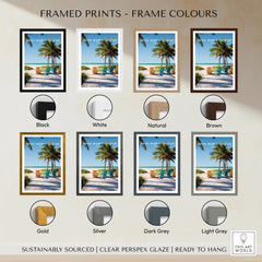 Framed Anna Maria Island beach print with palm trees in black, white, natural, brown, gold, silver, dark grey, and light grey frame color options.
