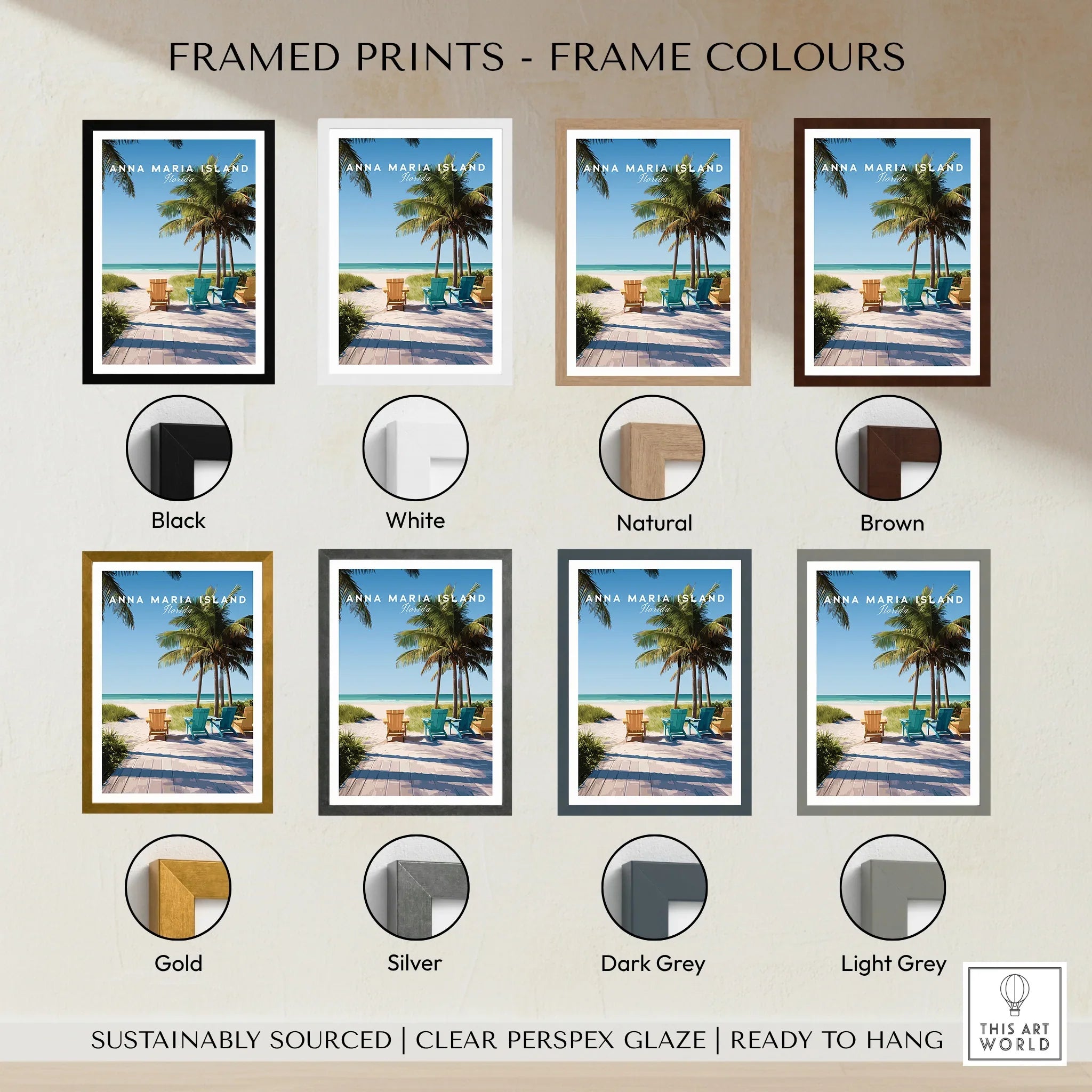 Framed Anna Maria Island beach print with palm trees in black, white, natural, brown, gold, silver, dark grey, and light grey frame color options.