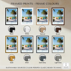 Anna Maria Island beach art print with palm trees shown in various frame colors: black, white, natural, brown, gold, silver, dark grey, and light grey.