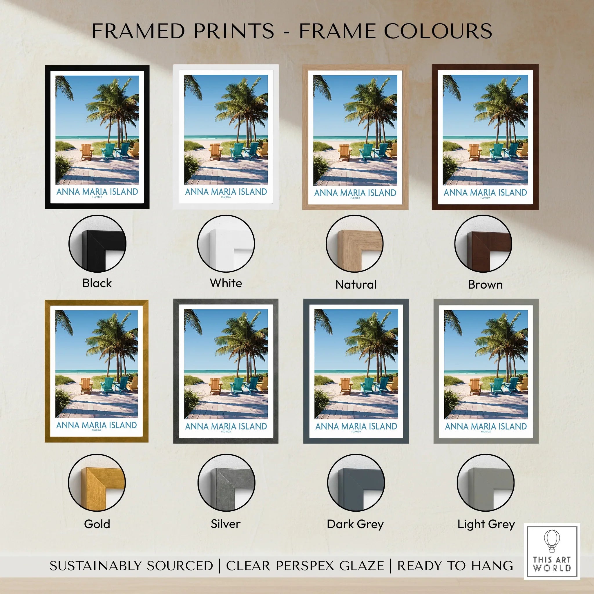Anna Maria Island beach art print with palm trees shown in various frame colors: black, white, natural, brown, gold, silver, dark grey, and light grey.