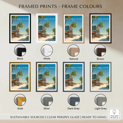Anna Maria Island travel poster framed print with eight frame color options: black, white, natural, brown, gold, silver, dark grey, light grey.