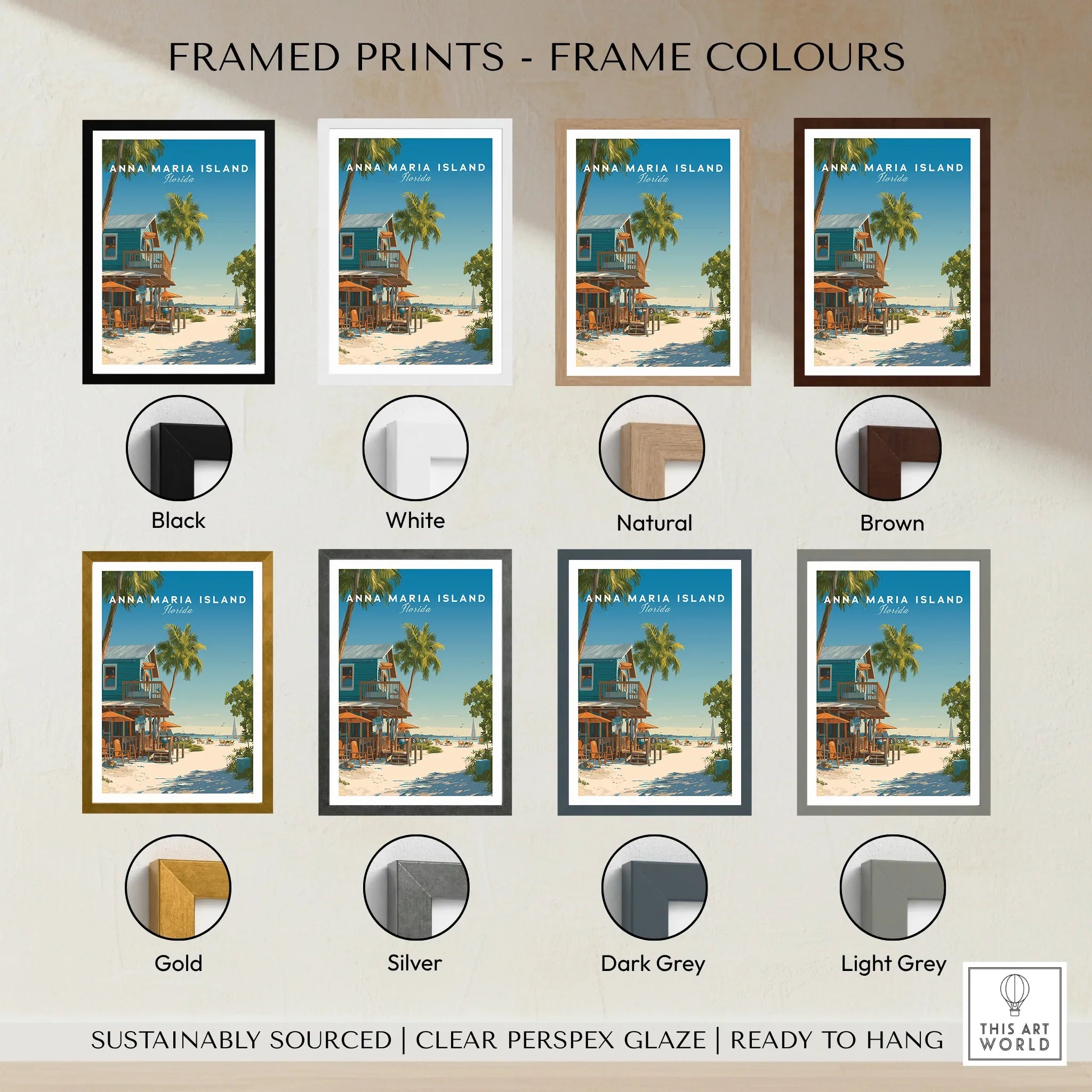 Anna Maria Island travel poster framed print with eight frame color options: black, white, natural, brown, gold, silver, dark grey, light grey.