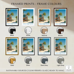 Anna Maria Island travel poster print in eight frame color options: black, white, natural, brown, gold, silver, dark grey, light grey.