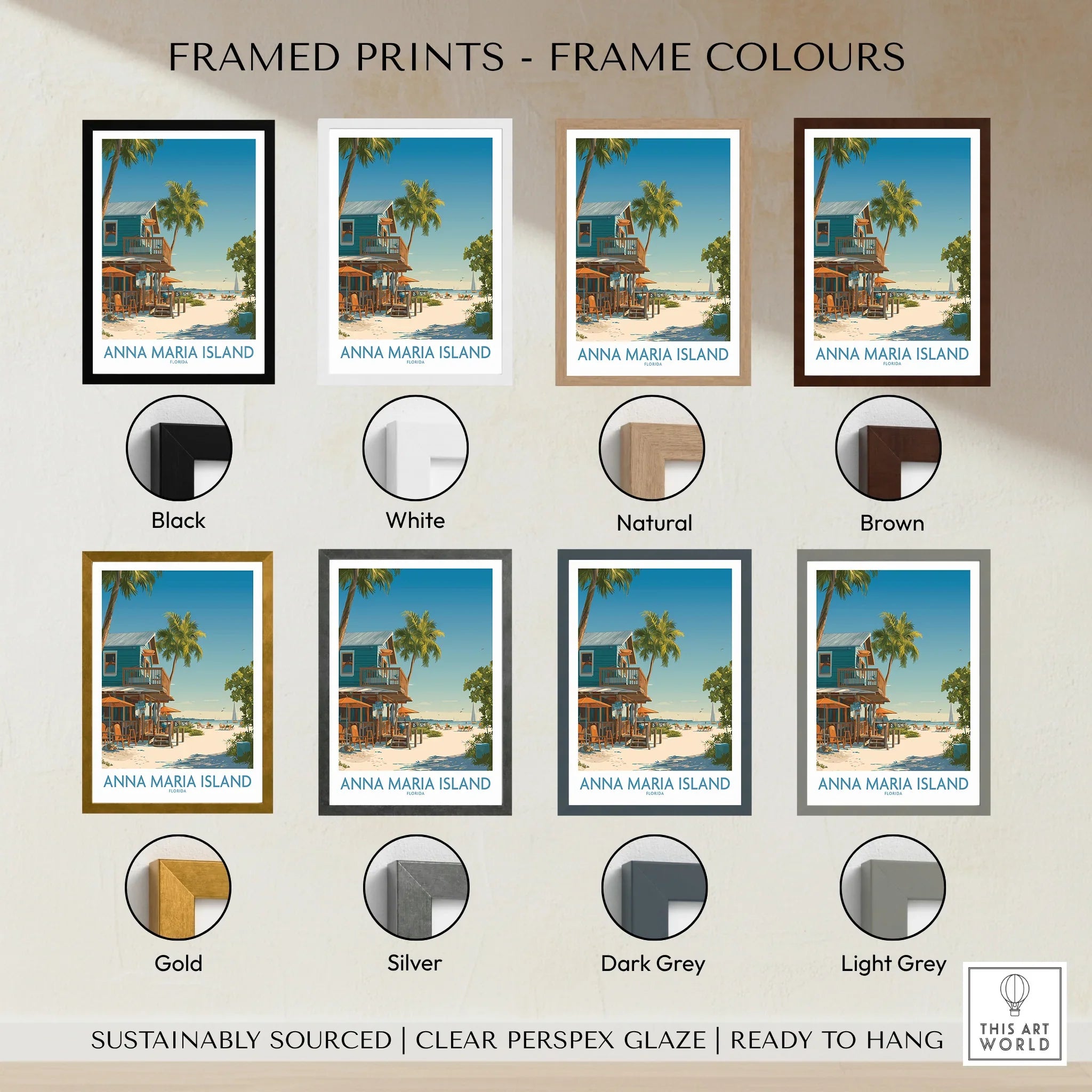Anna Maria Island travel poster print in eight frame color options: black, white, natural, brown, gold, silver, dark grey, light grey.