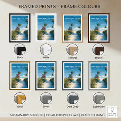 Anna Maria Island beach travel poster in eight frame colour options including black, white, natural, brown, gold, silver, dark grey, and light grey.