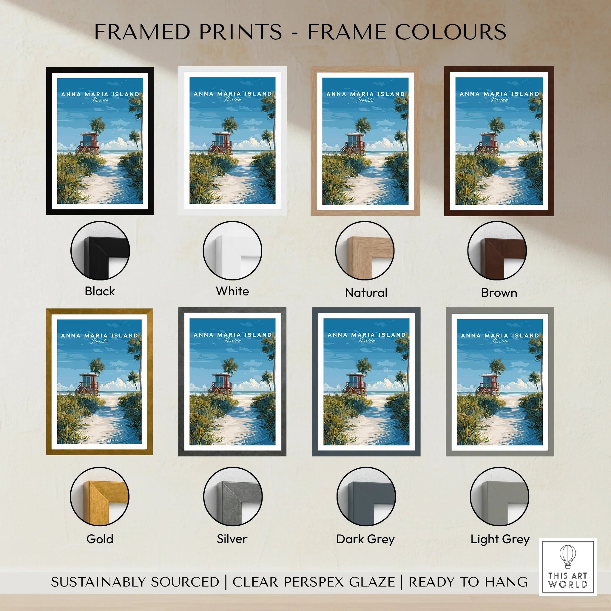 Anna Maria Island beach travel poster in eight frame colour options including black, white, natural, brown, gold, silver, dark grey, and light grey.