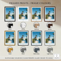 Anna Maria Island travel print in eight frame color options: black, white, natural, brown, gold, silver, dark grey, light grey.