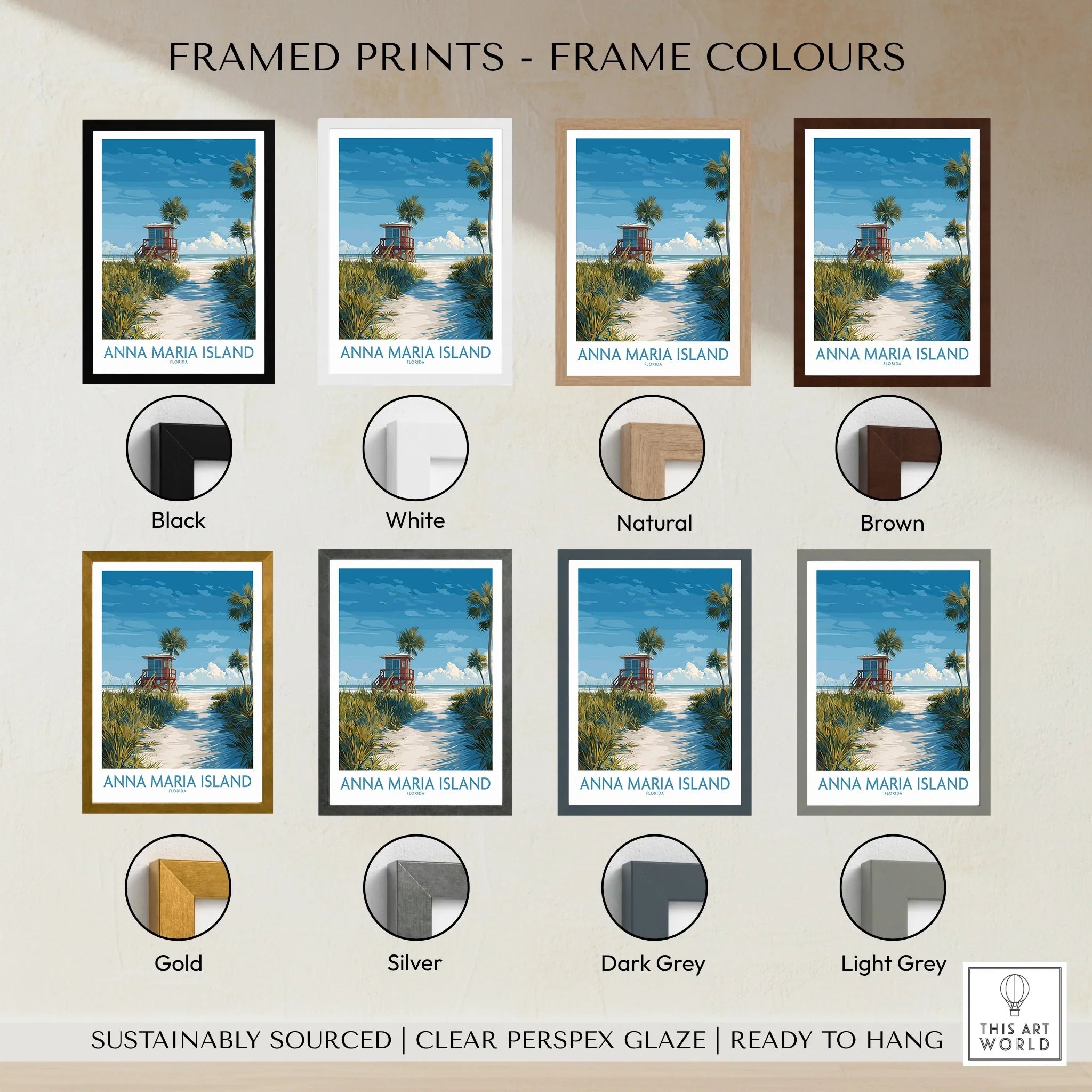 Anna Maria Island travel print in eight frame color options: black, white, natural, brown, gold, silver, dark grey, light grey.
