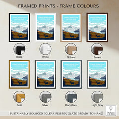 Aoraki Mount Cook National Park print displayed in eight frame color options, with mountain landscape and deer design.