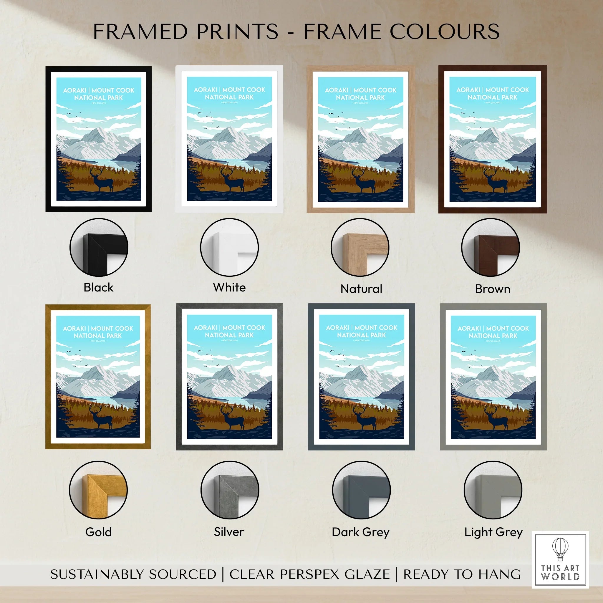 Aoraki Mount Cook National Park print displayed in eight frame color options, with mountain landscape and deer design.