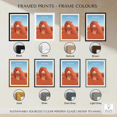 Framed Arches National Park print with eight frame color options including black, white, brown, gold, and grey.