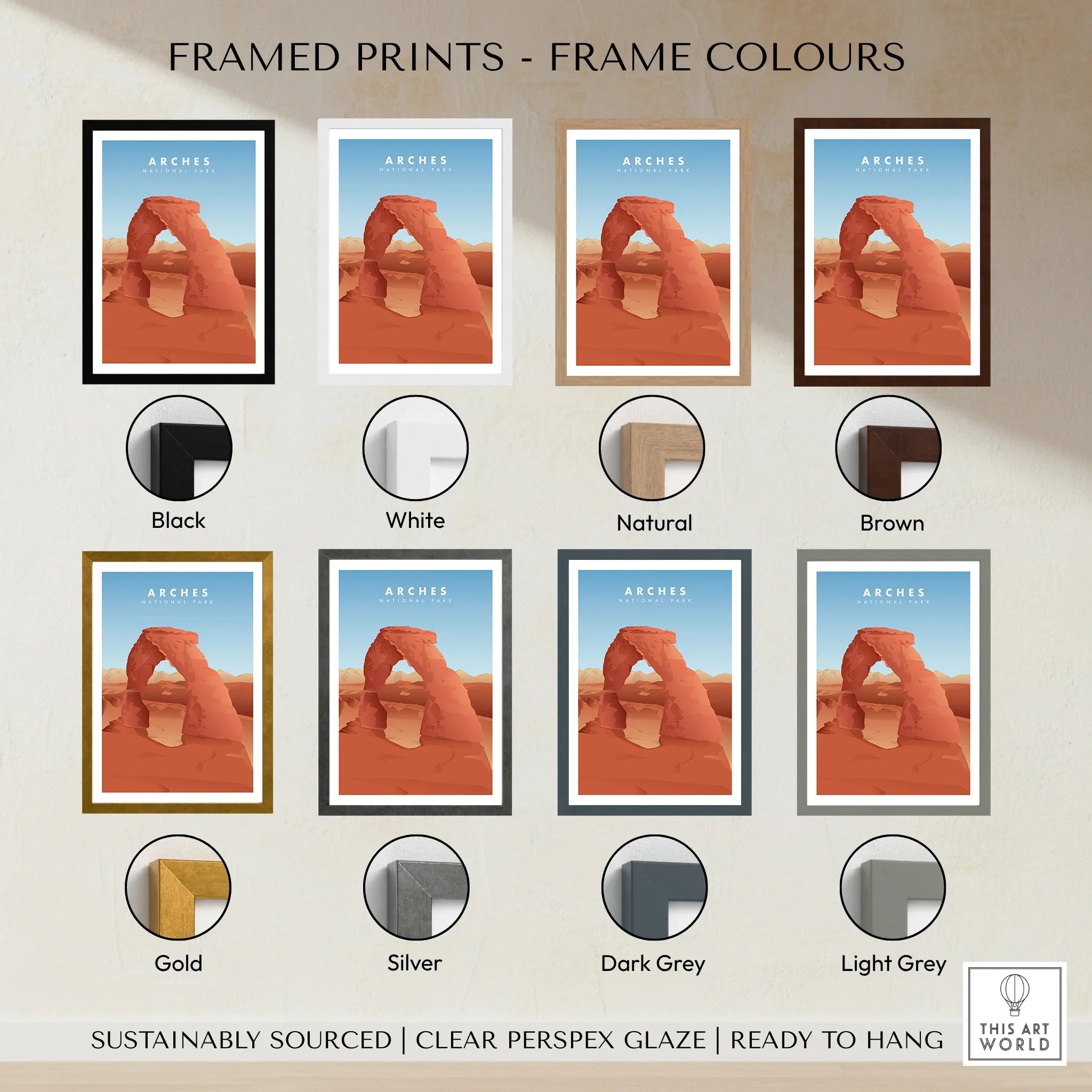 Framed Arches National Park print with eight frame color options including black, white, brown, gold, and grey.