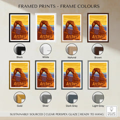 Arches National Park print showing Delicate Arch in eight different frame color options.