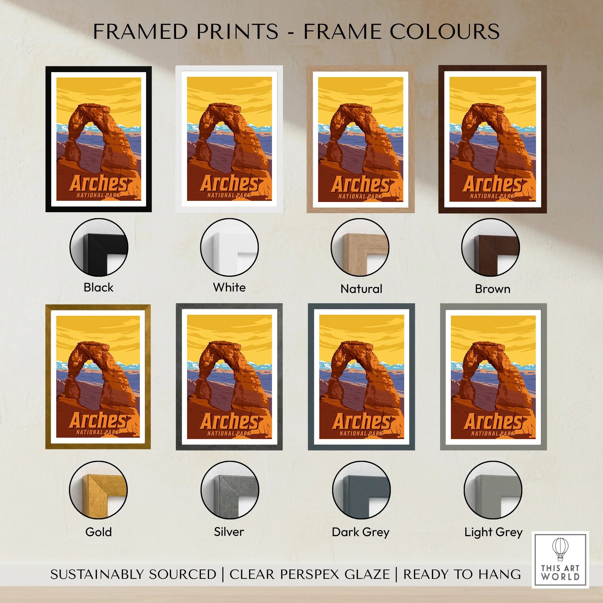 Arches National Park print showing Delicate Arch in eight different frame color options.