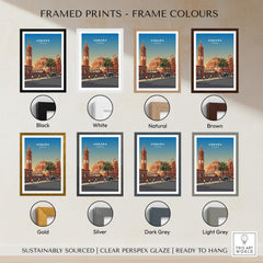 Asmara Travel Poster – Eritrea Cathedral and Bell Tower Art Print framed in various colors including black, white, and gold.