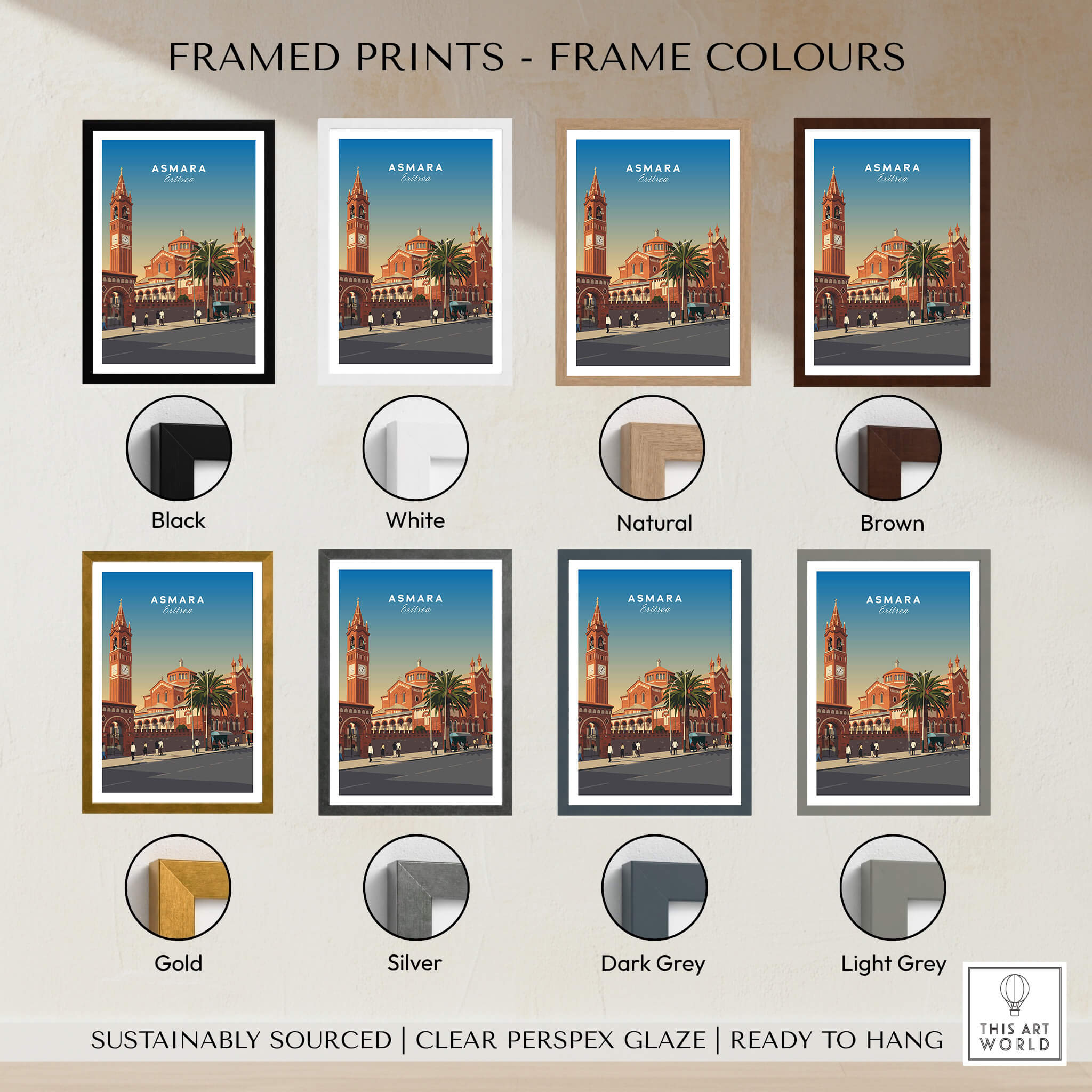 Asmara Travel Poster – Eritrea Cathedral and Bell Tower Art Print framed in various colors including black, white, and gold.