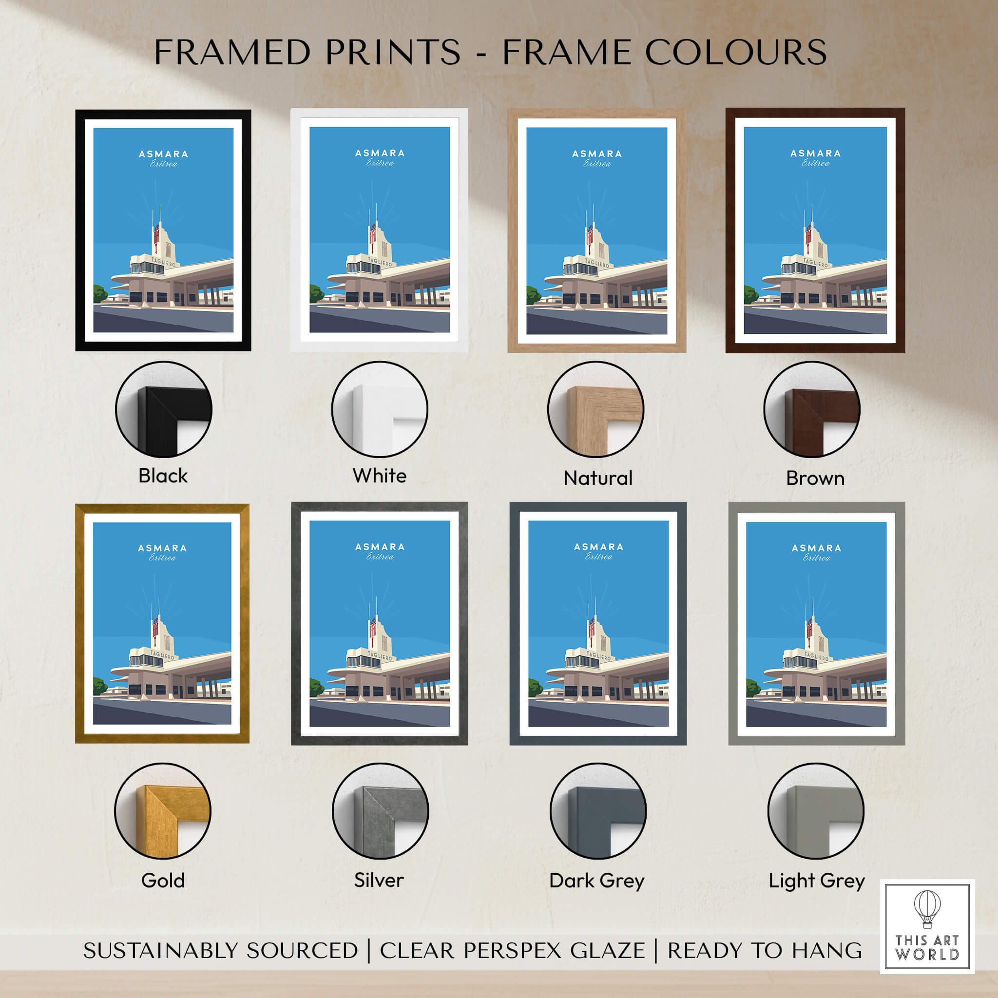Asmara Travel Poster – Fiat Tagliero Futurist Architecture Art Print framed in various color options for home décor.