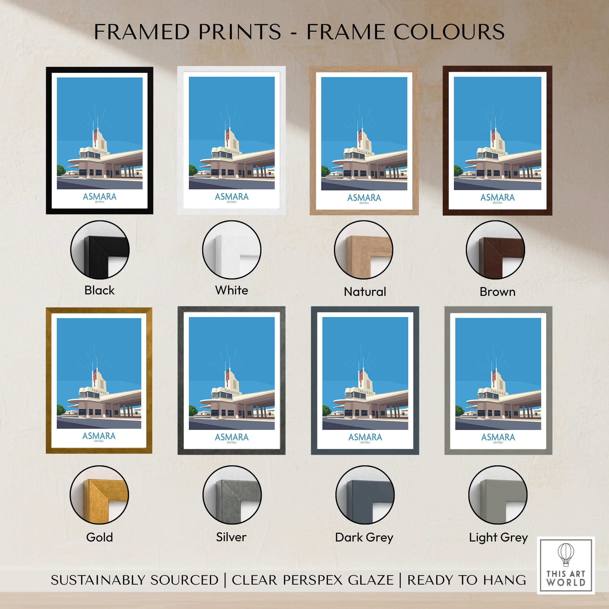 Asmara Eritrea Print – Fiat Tagliero Poster framed in various colours including black, white, natural, and brown.
