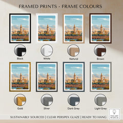Asmara Travel Poster – Cityscape Skyline and Mountain Landscape Art Print framed in various colors including black, white, and gold.