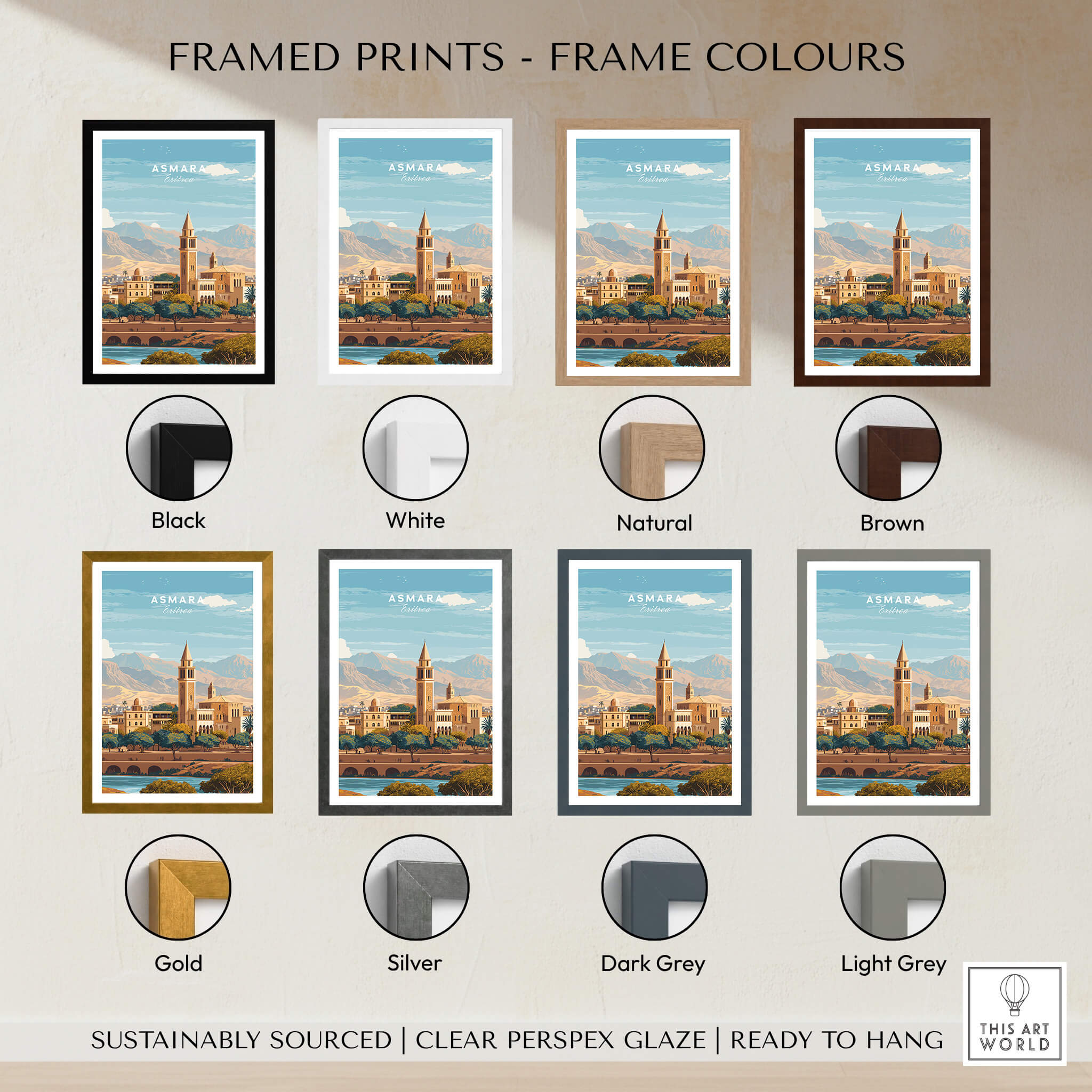 Asmara Travel Poster – Cityscape Skyline and Mountain Landscape Art Print framed in various colors including black, white, and gold.