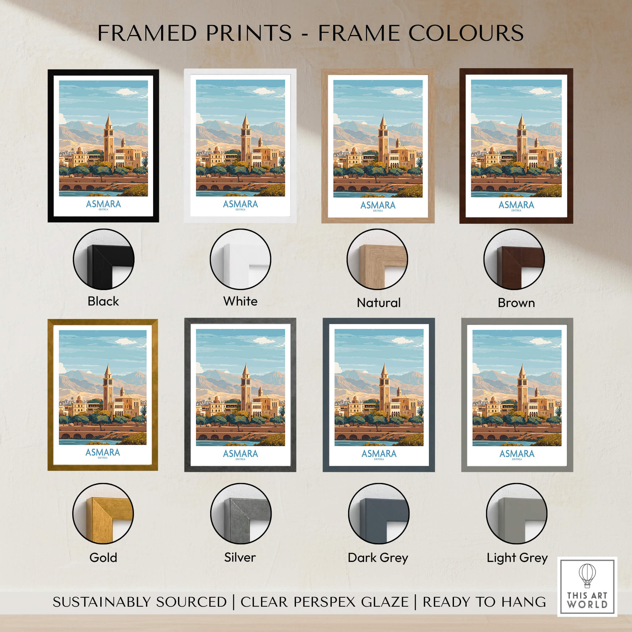 Asmara Eritrea Wall Art – Travel Poster framed print color options including black, white, natural, brown, gold, silver, dark grey, light grey.