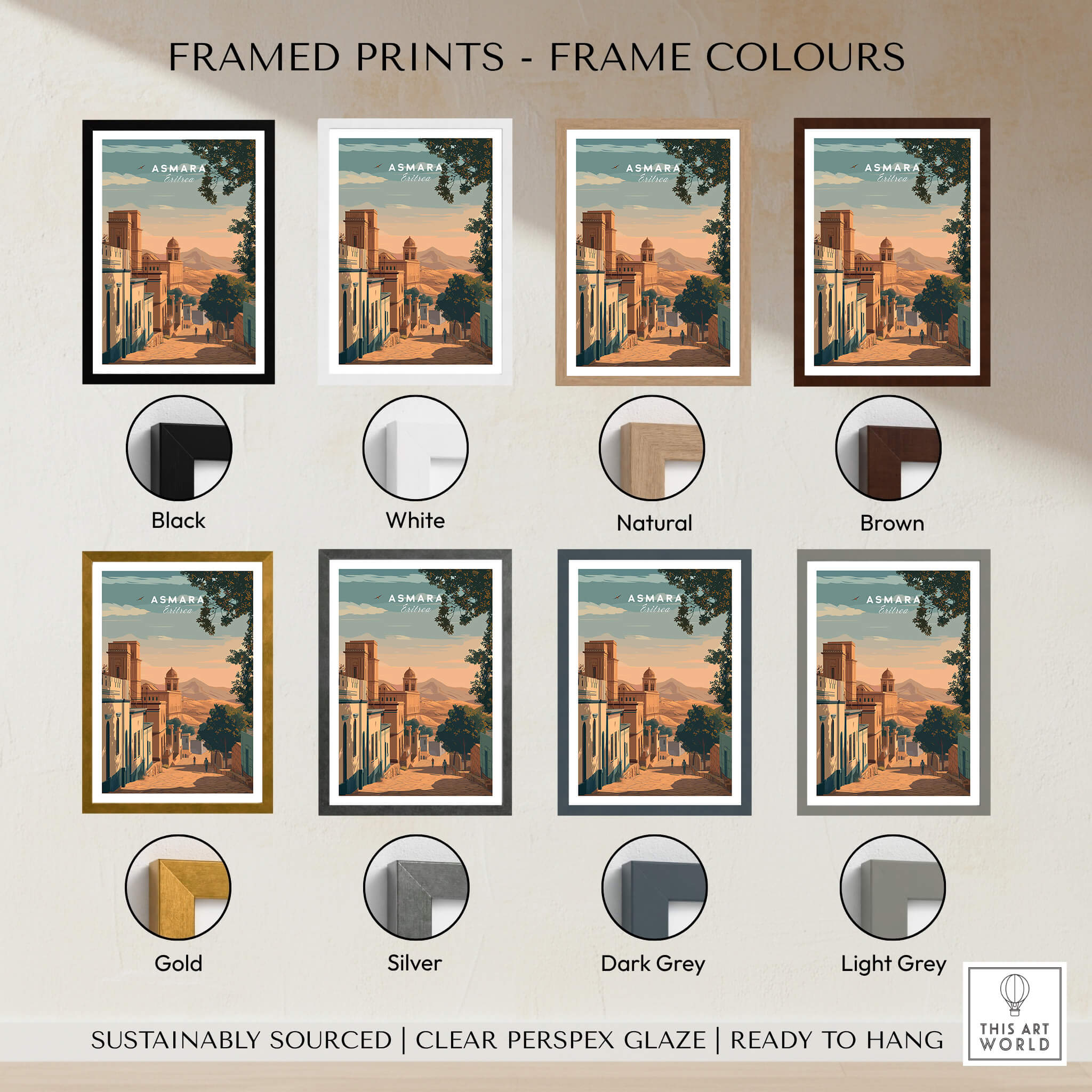 Asmara Travel Poster – Sunset Cityscape Art Print displayed in various frame colors including black, white, natural, and brown.
