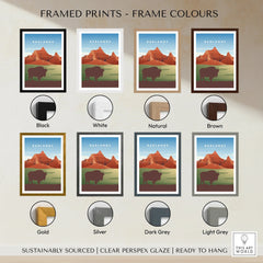 Badlands National Park framed print with bison, shown in 8 frame color options