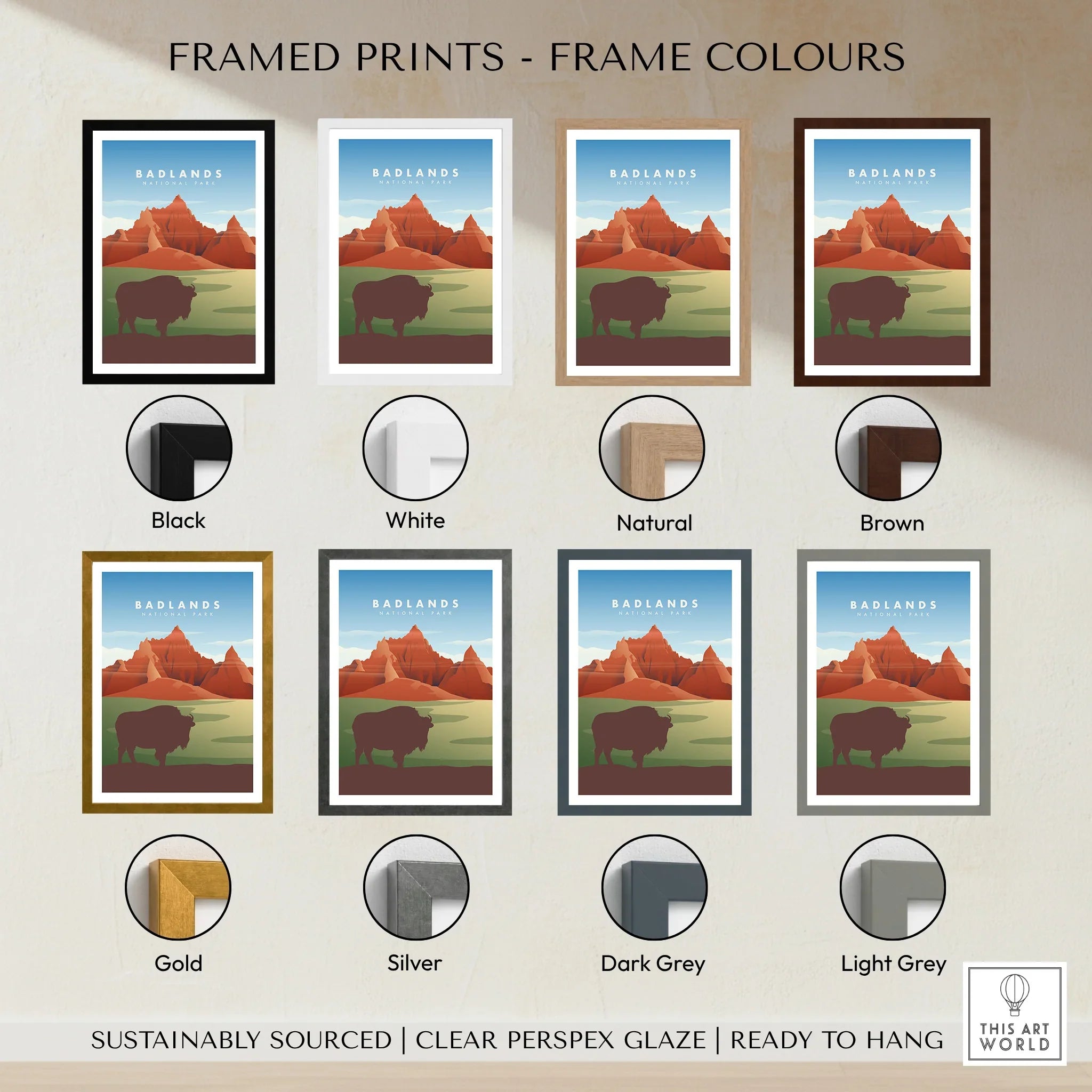 Badlands National Park framed print with bison, shown in 8 frame color options