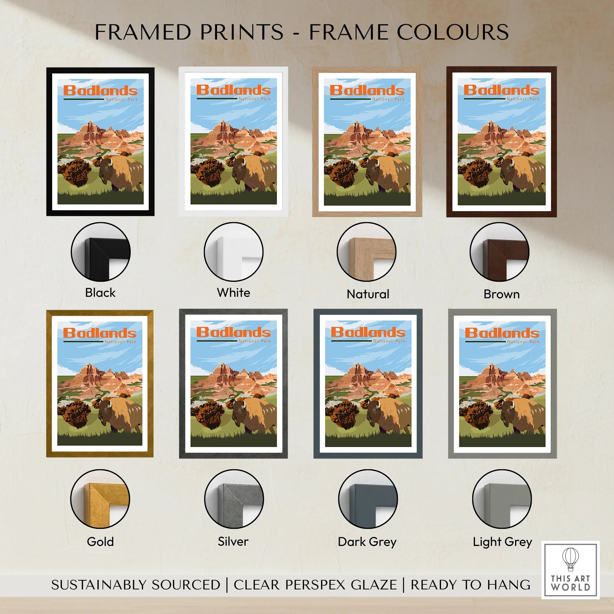 Badlands National Park poster in eight frame color options, illustrated bison and mountains