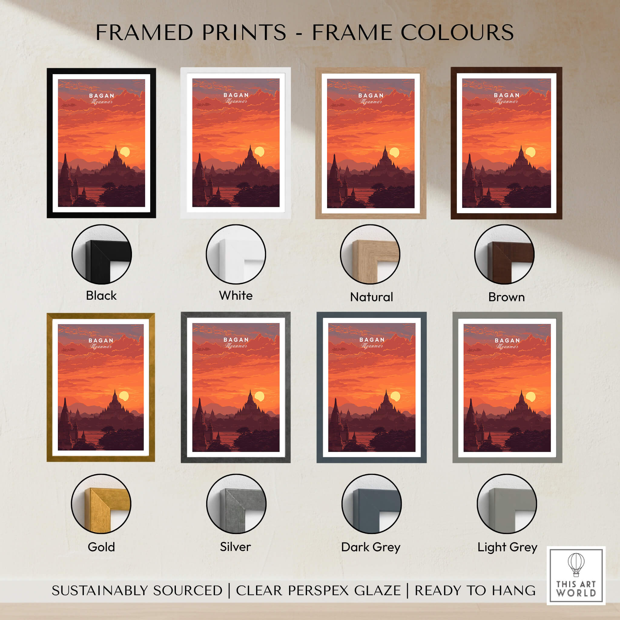 Bagan Travel Poster – Myanmar Ancient Temple Sunset Art in various frame colors including black, white, natural, and brown.