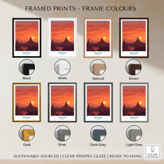 Bagan Myanmar Wall Art – Buddhist Pagoda Skyline Canvas Print framed print color options display.