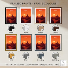 Bagan Travel Poster – Minimalist Temple Wall Art shown in various frame colors including black, white, natural, brown, gold, silver, dark grey, and light grey.
