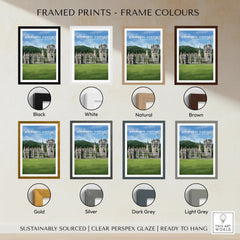 Balmoral Castle wall art print shown in multiple frame color options including black, white, natural, brown, gold, silver, dark grey, and light grey.