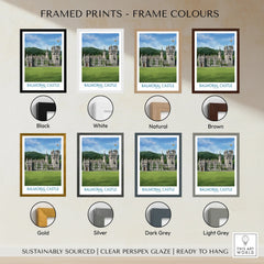 Framed Balmoral Castle art print with eight frame color options including black, white, natural, brown, gold, silver, dark grey, and light grey.