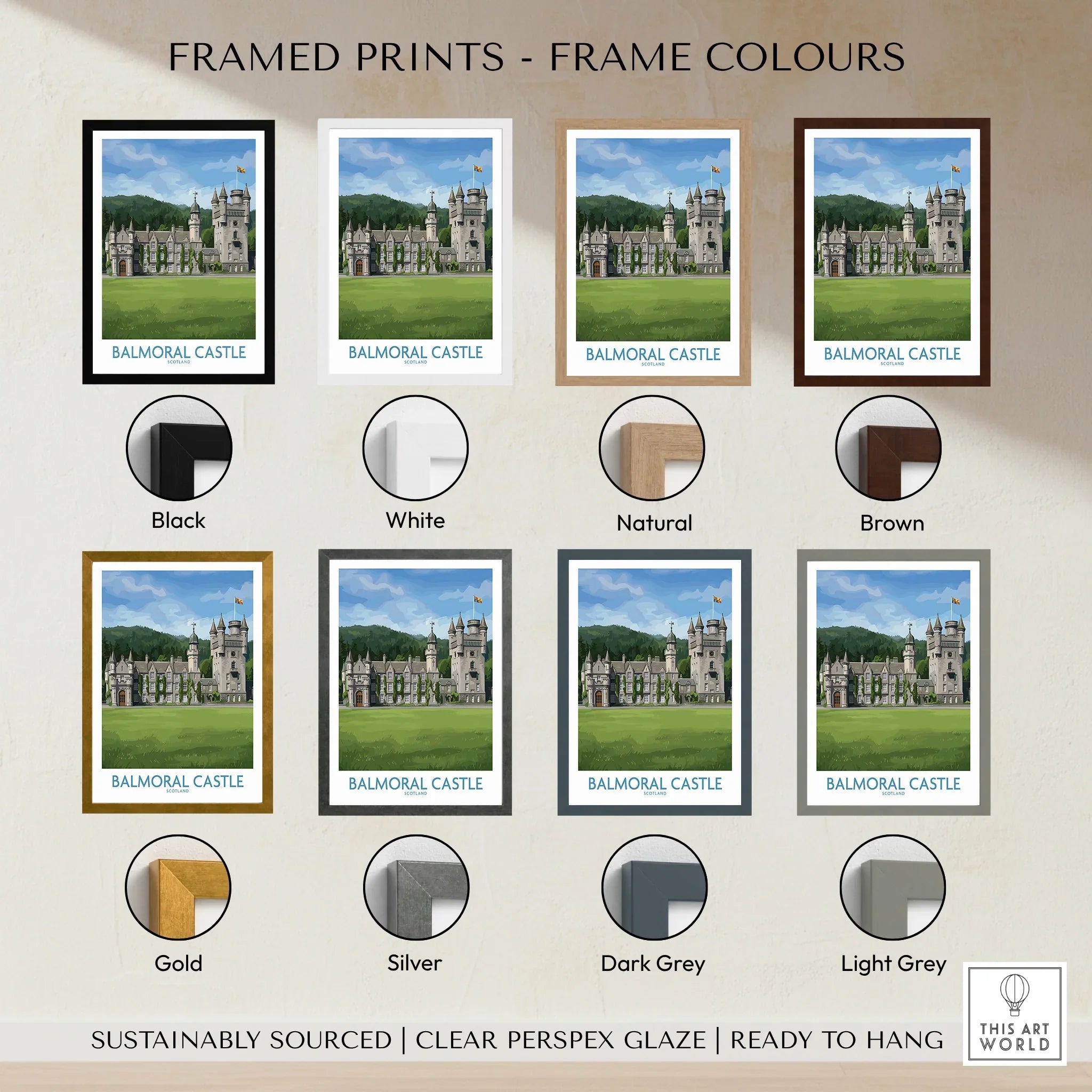 Framed Balmoral Castle art print with eight frame color options including black, white, natural, brown, gold, silver, dark grey, and light grey.
