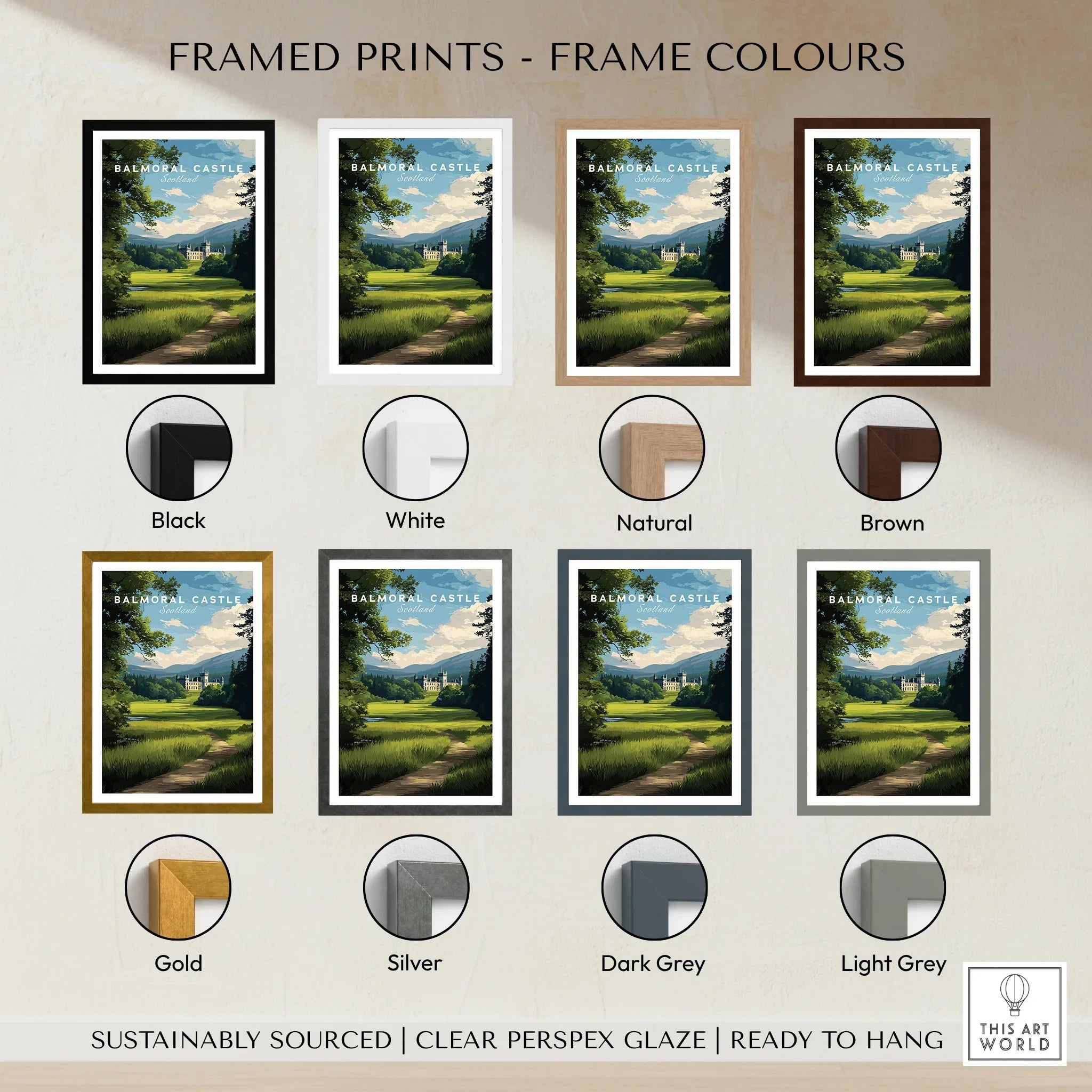 Balmoral Castle art print displayed in eight frame colour options, ideal for home decor.