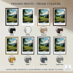 Balmoral Castle travel poster print with eight frame color options, including black, white, brown, and metallic tones.
