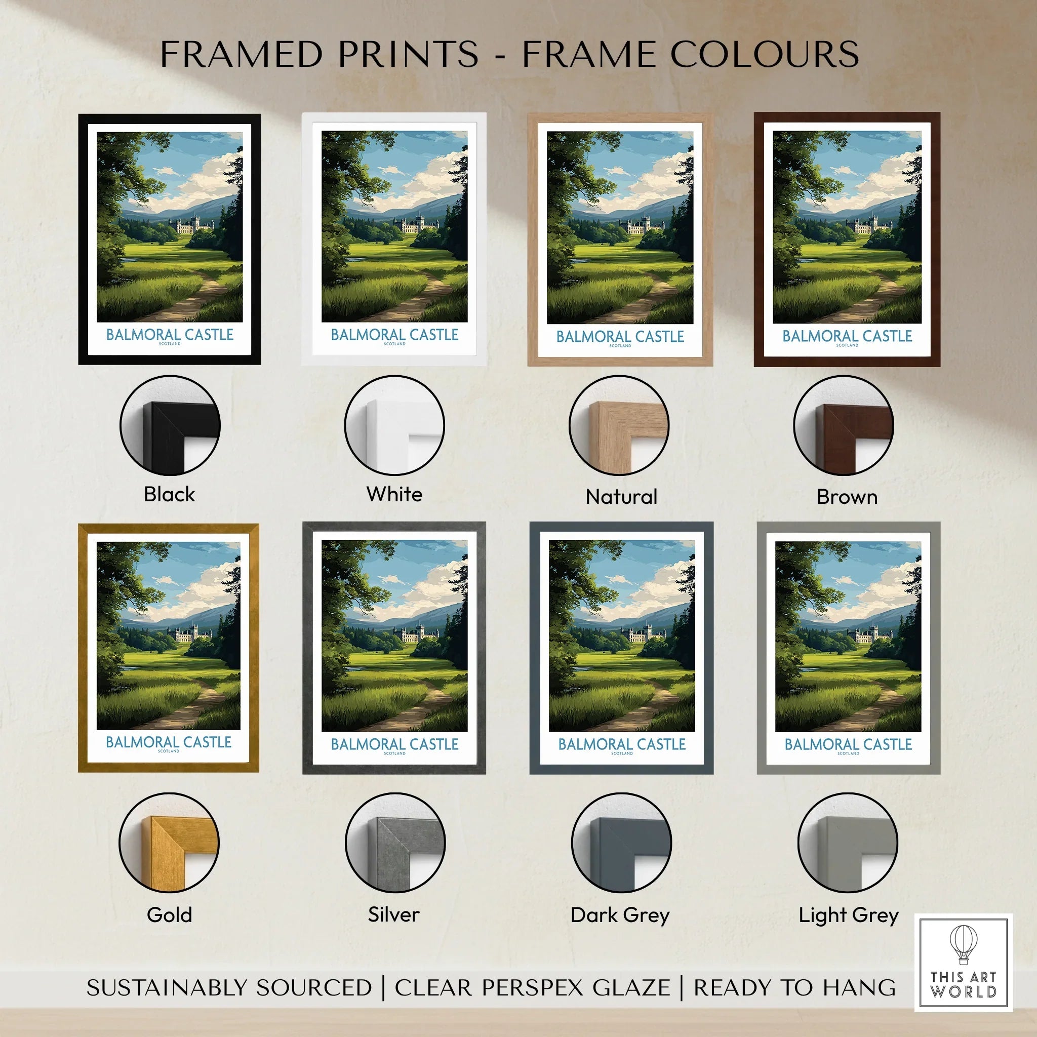 Balmoral Castle travel poster print with eight frame color options, including black, white, brown, and metallic tones.