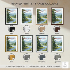 Framed Balmoral Castle art print shown with eight frame color options including black, white, natural, brown, gold, silver, dark grey, and light grey.