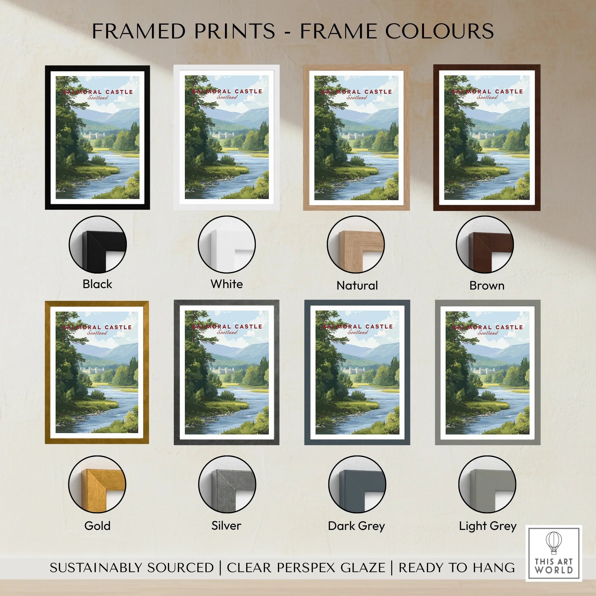 Framed Balmoral Castle art print shown with eight frame color options including black, white, natural, brown, gold, silver, dark grey, and light grey.